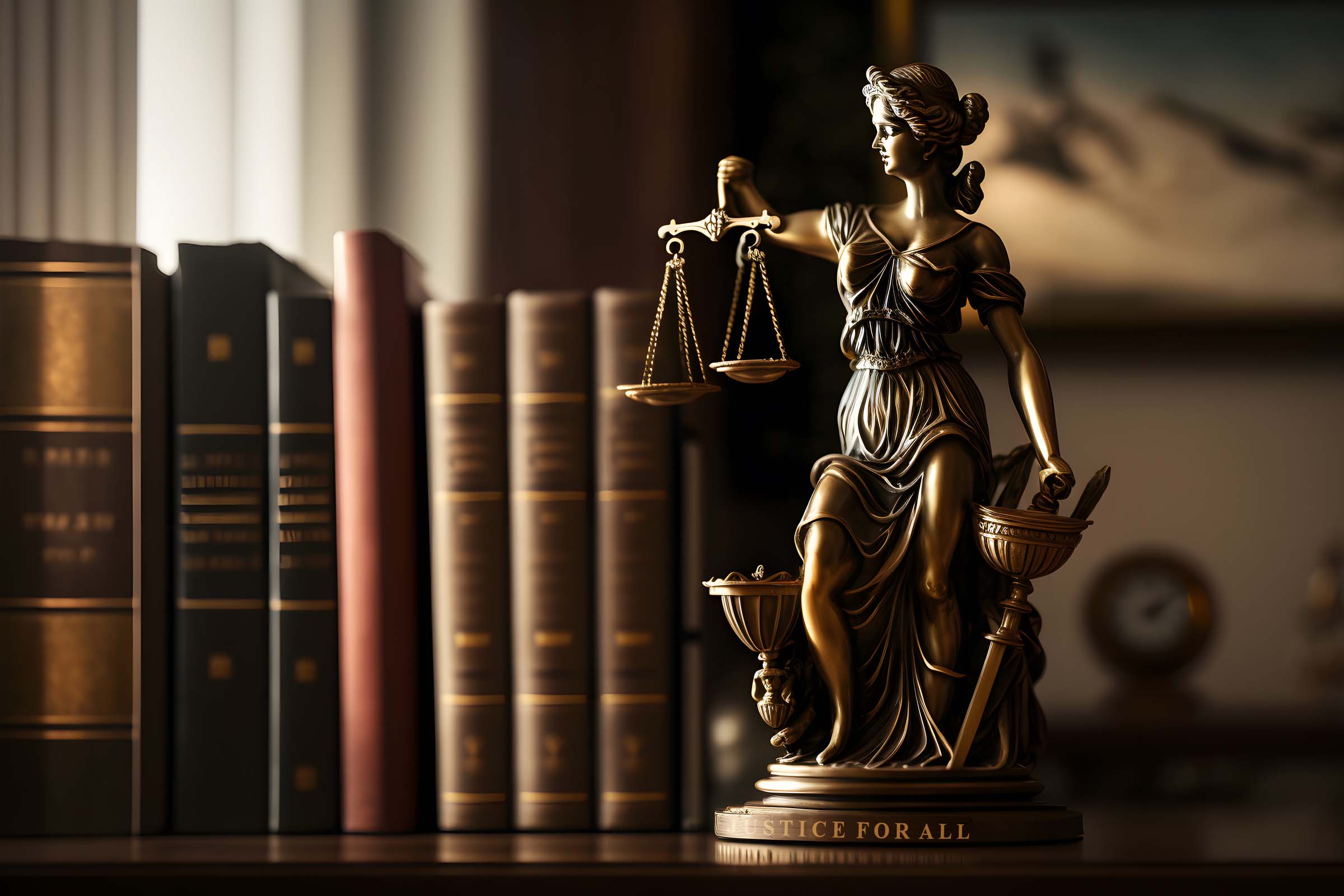 Books and Lady Justice Paperweight at Brushe Law Personal Injury Attorney