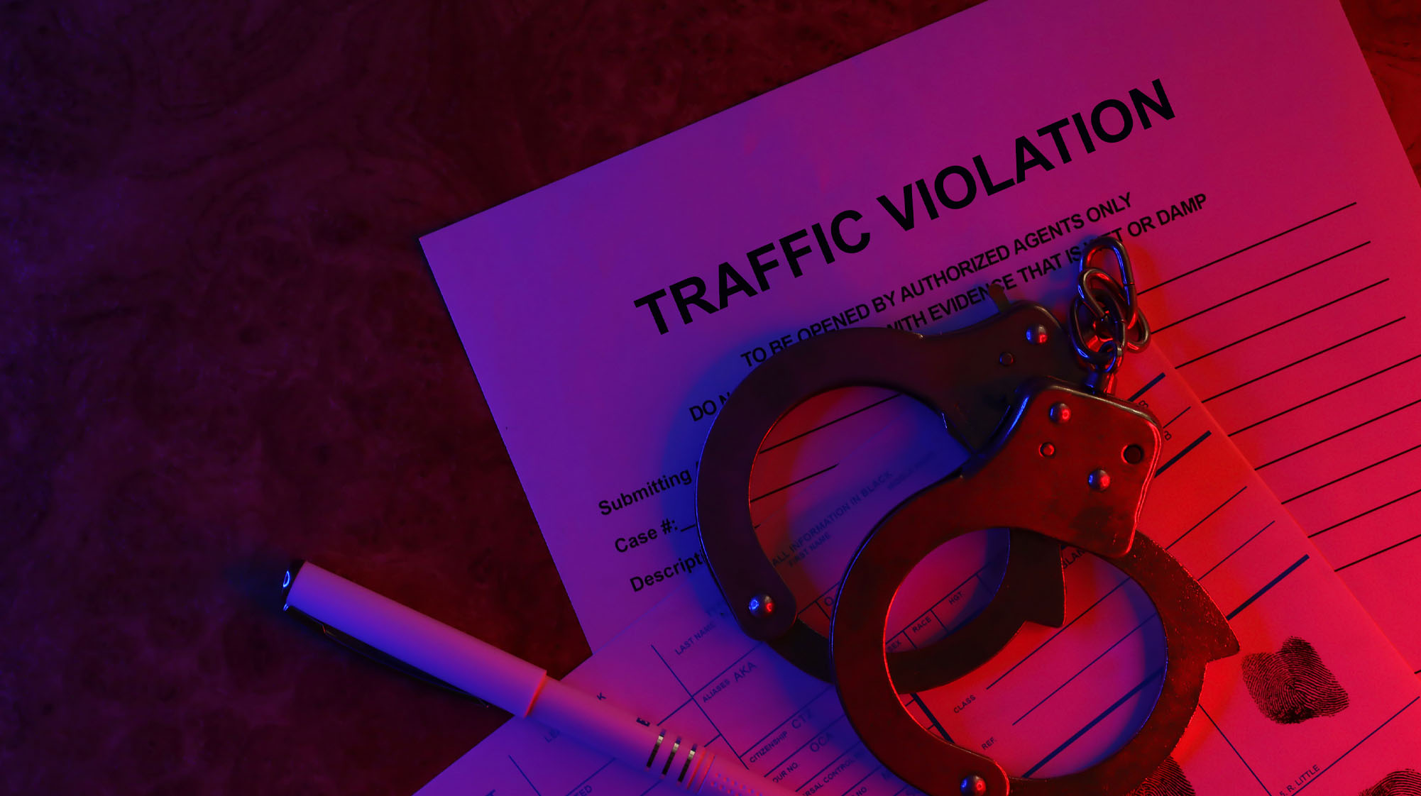 handcuffs and paperwork from a dwi traffic violation