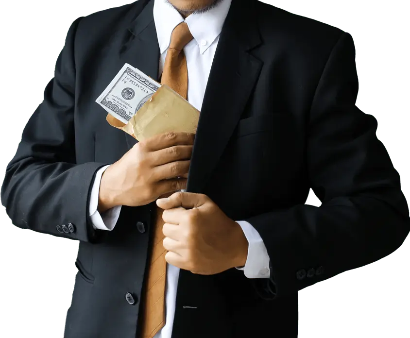 White-Collar-Crimes man placing an envelope of money in his business suit involved in white collar crimes