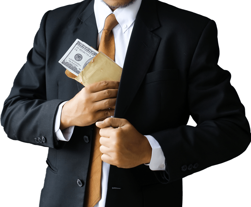 a businessman involved in a white collar crime placing money in his suit pocket